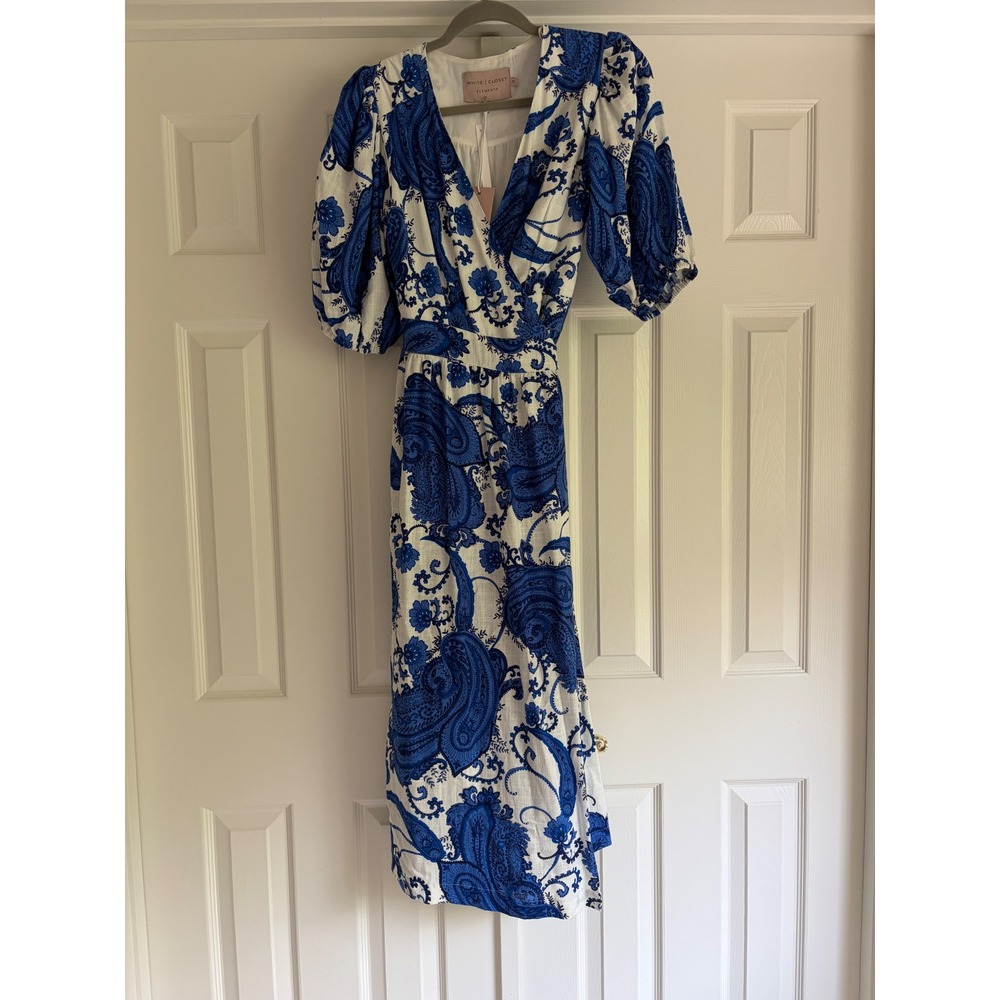 White Closet Elements Midi Dress Womens S Blue NWT Paisley Linen Blend Wrap Puff